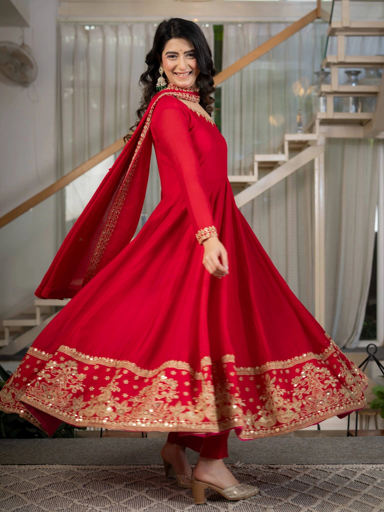 Red Sequins Embroidered Suit – Anarkali Pant Set with Dupatta Kalyanja
